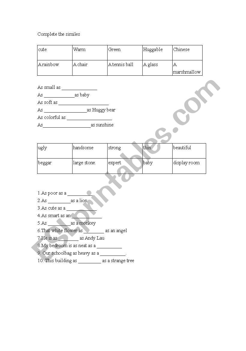 similes- as worksheet