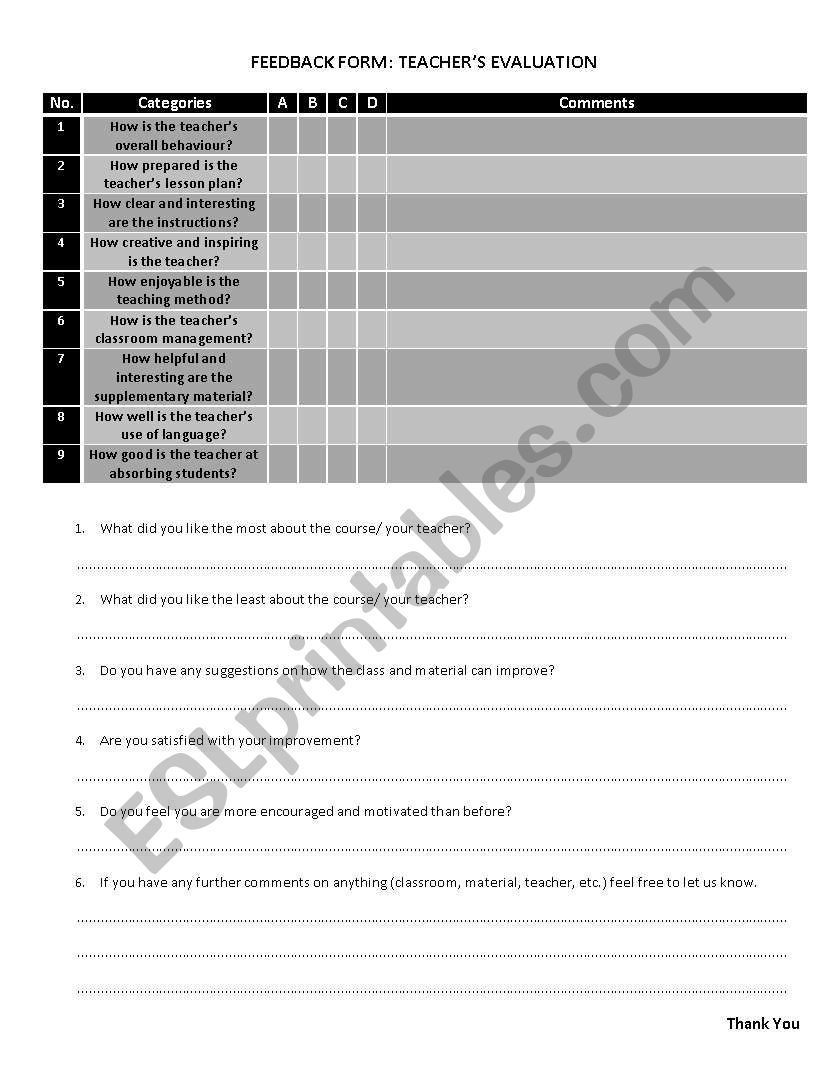 Class Evaluation Form worksheet