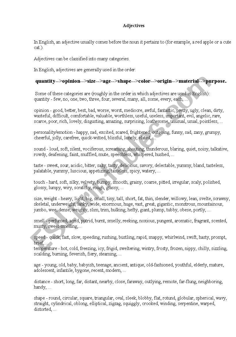 Adjectives order in sentence worksheet