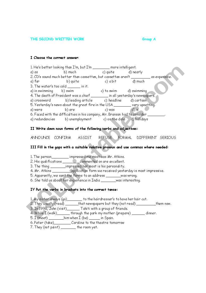 TEST on WORD FORMATION, RELATIVE PRONOUNS, TENSES