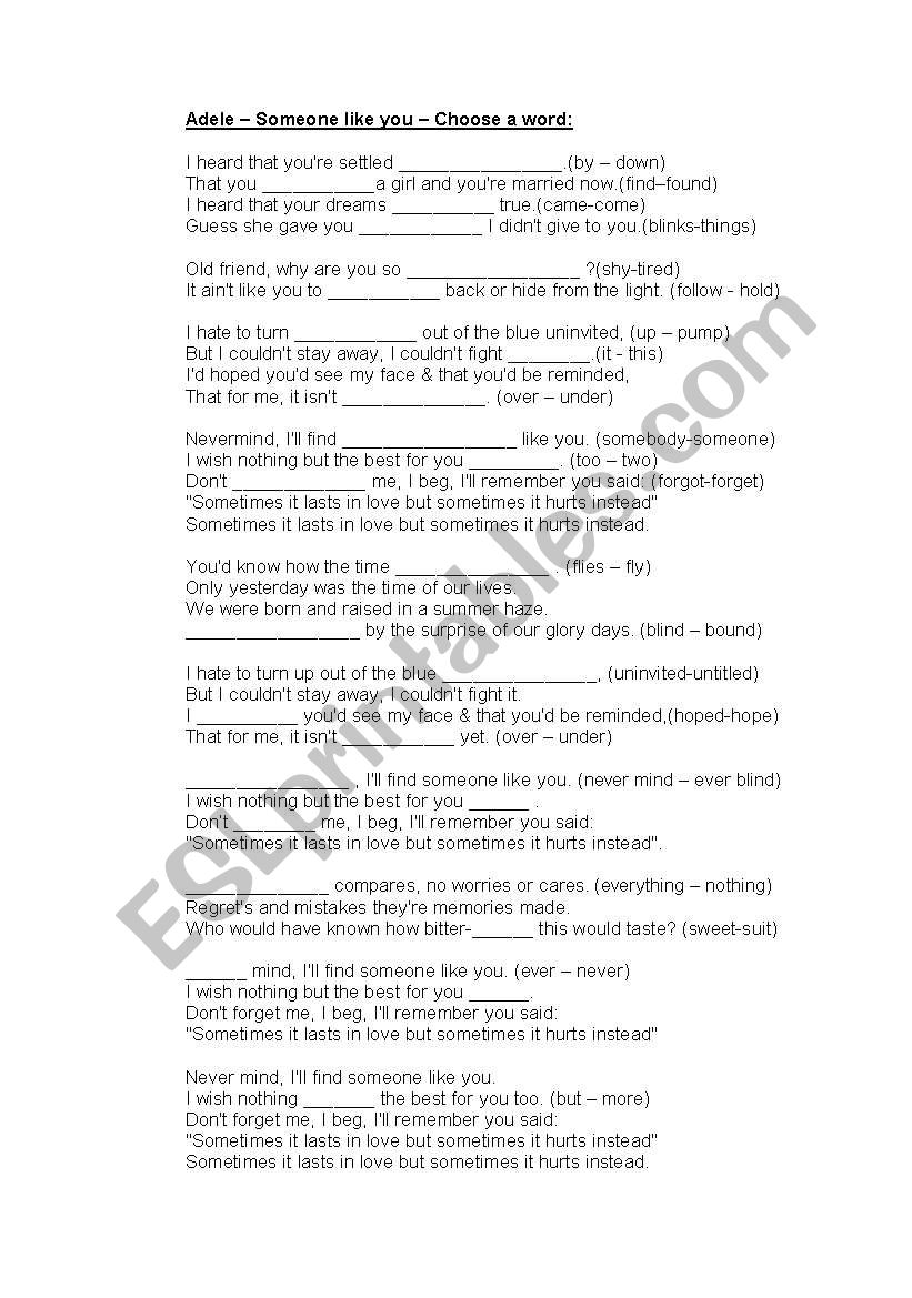 Someone like you - Adele worksheet