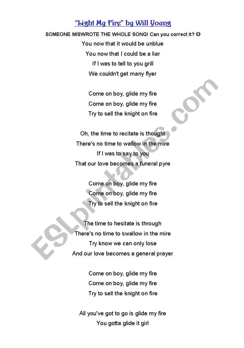 Light My Fire by will young worksheet