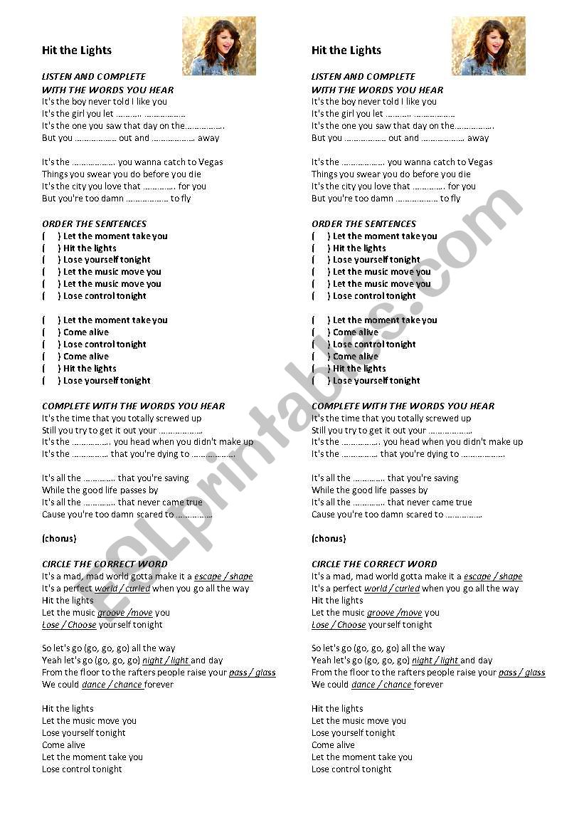 Selena Gomez - Hit the Lights worksheet