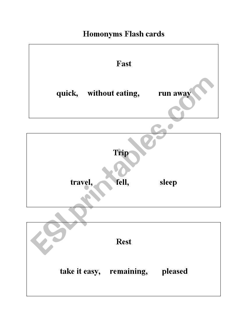 Homonyms Flash Cards worksheet