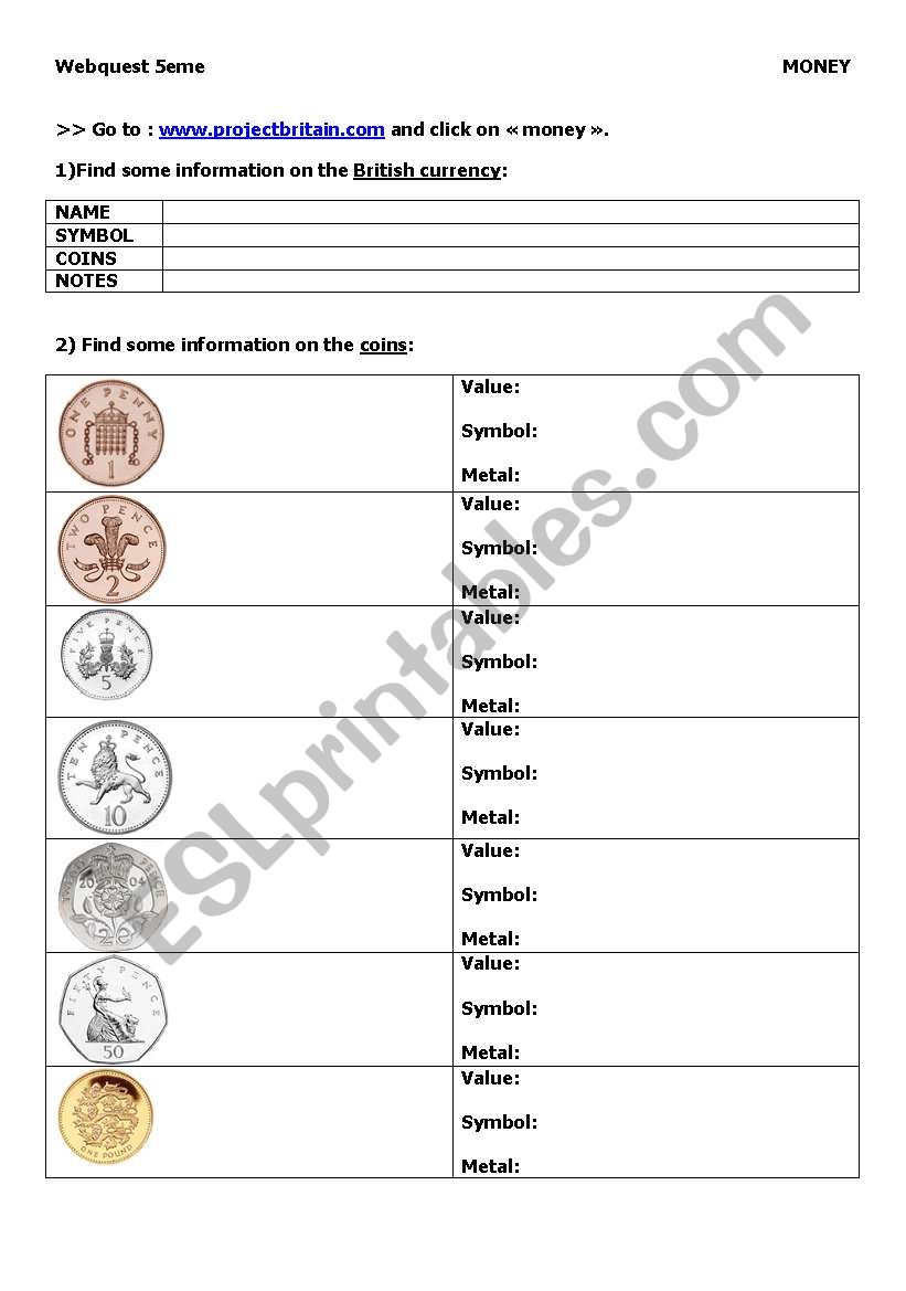 Webquest : British money worksheet