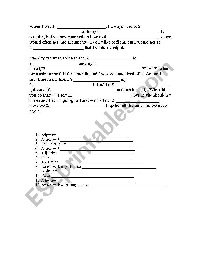 Mad Lib- Past Narrative worksheet