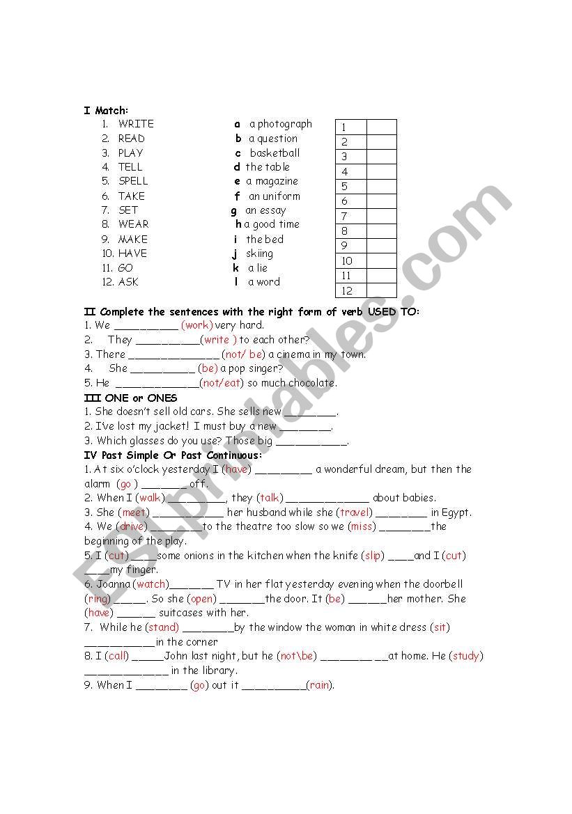 TEST on Past Simple and Continuous, one/ones, musical instruments, verbs...