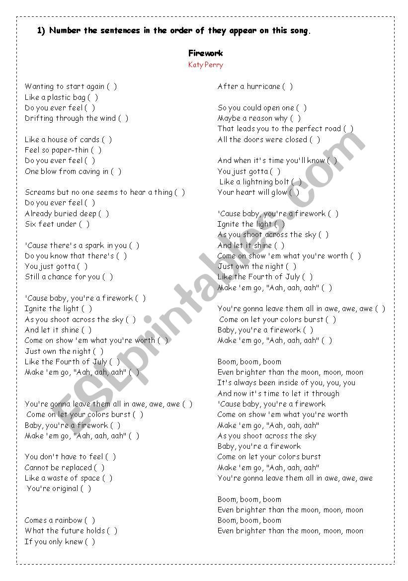 Firework - Katy Perry worksheet