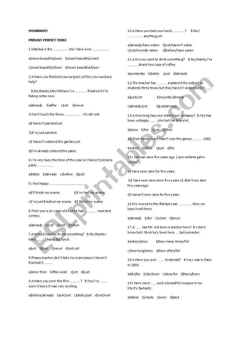 worksheet for level 8 present perfect tense