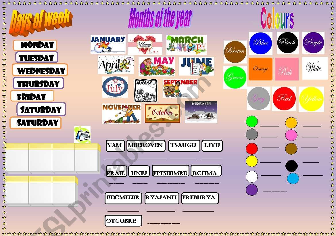 Days,Months and Colours worksheet