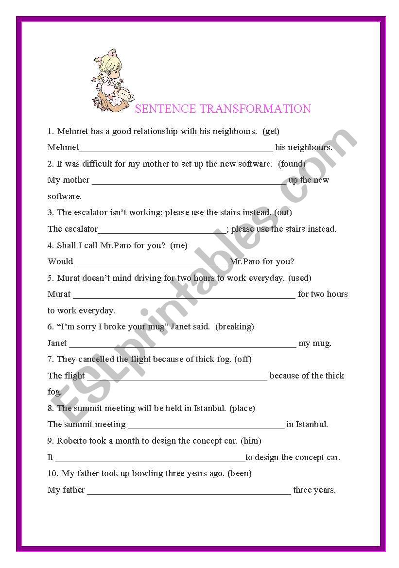 SENTENCE TRANSFORMATION worksheet