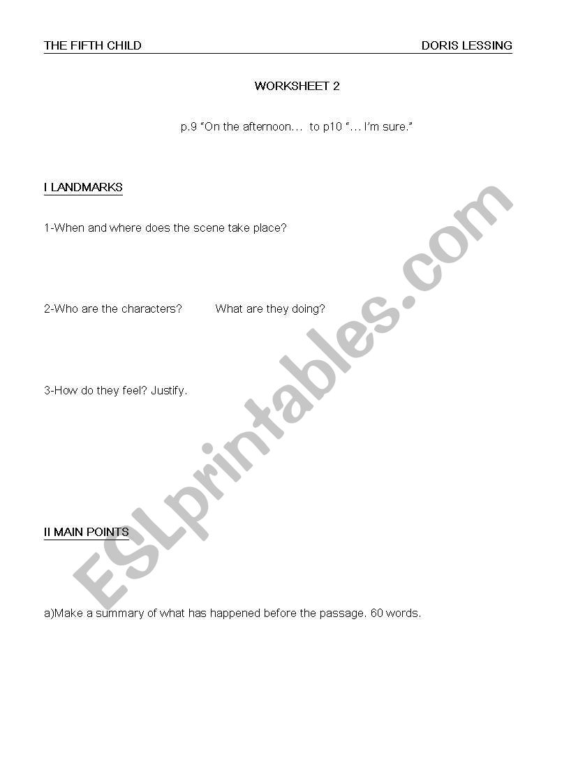 the fifth child by Doris Lessing   worksheet 2