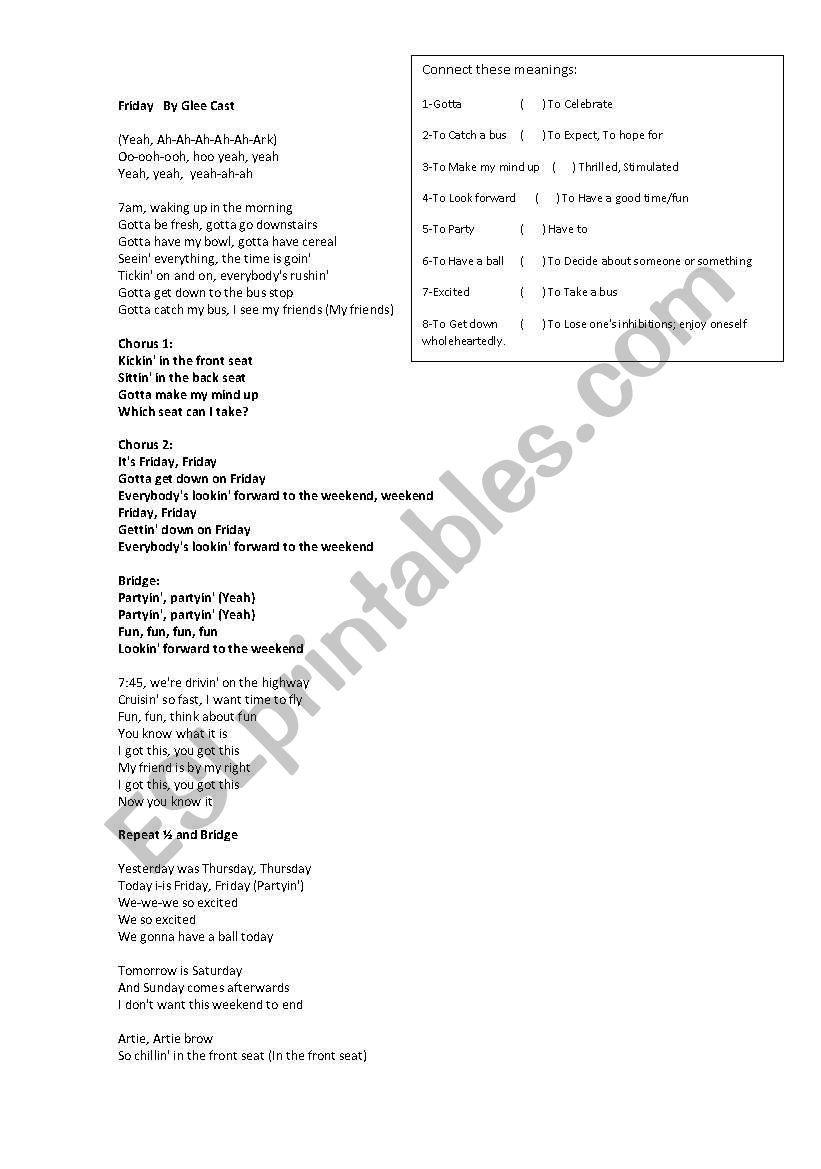 Friday By Glee Cast worksheet