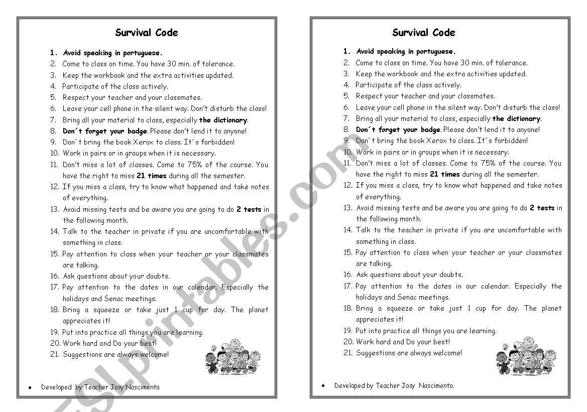 Survival Code worksheet
