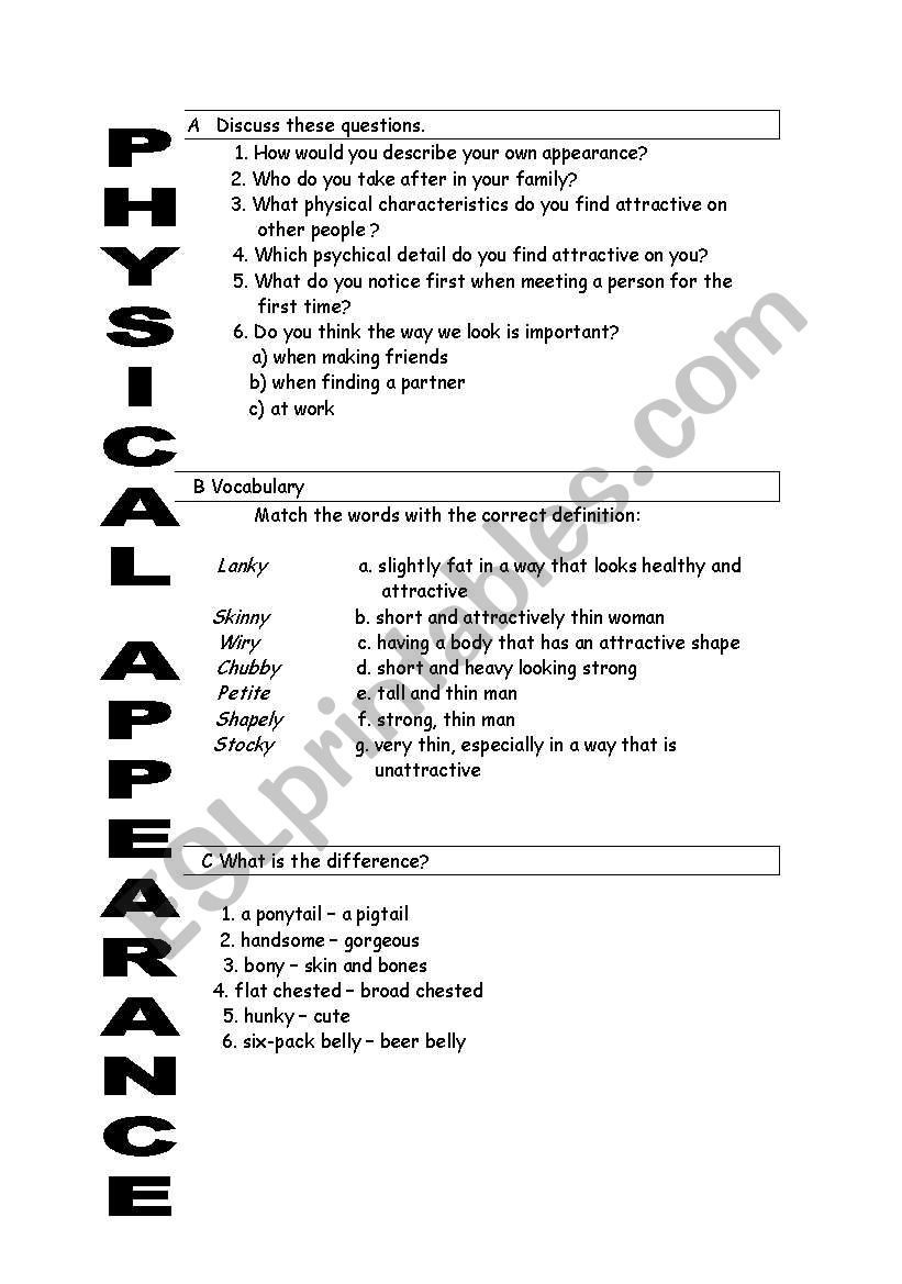 Physical appearance worksheet