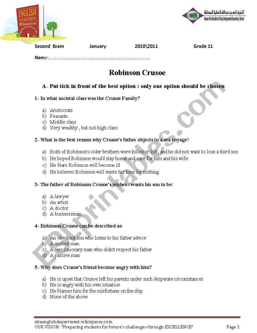 robinson crusoe worksheet