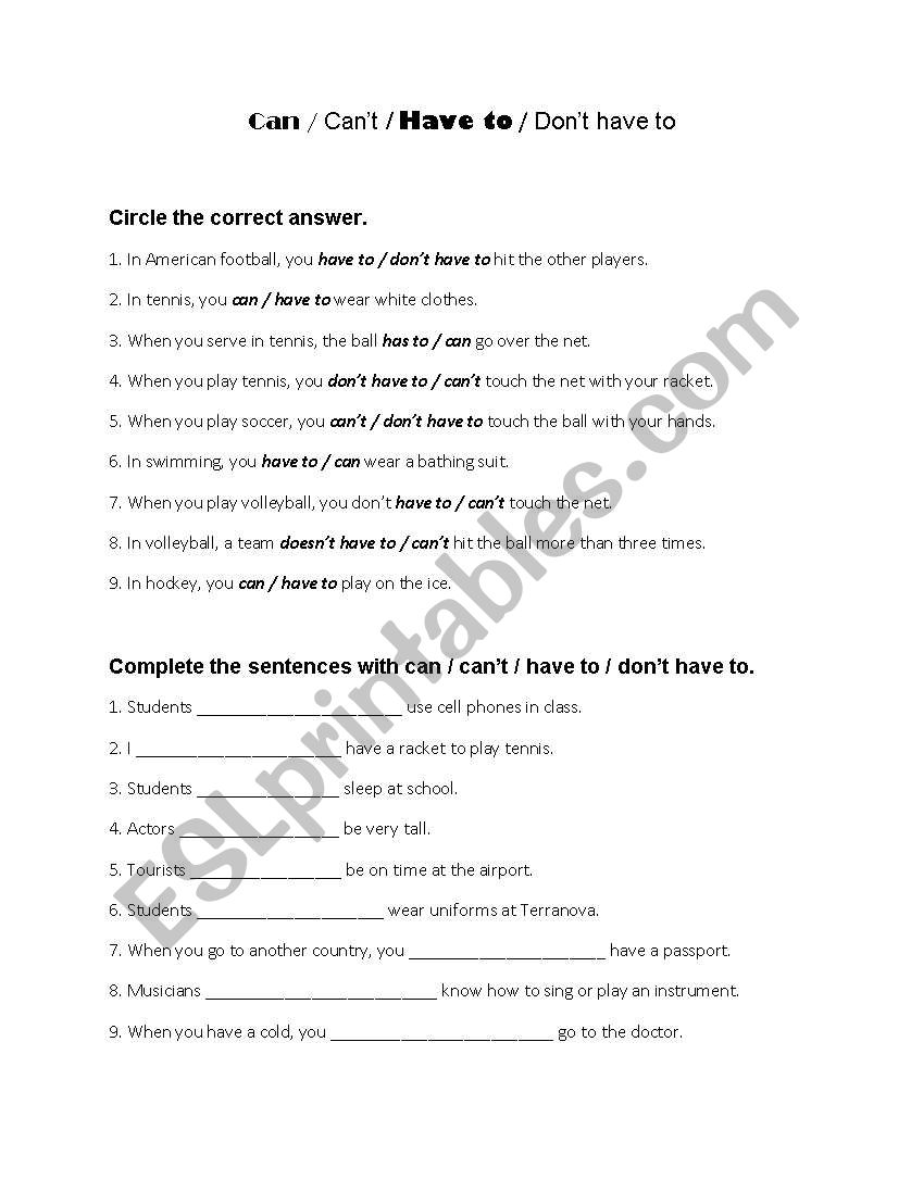 can vs. have to worksheet