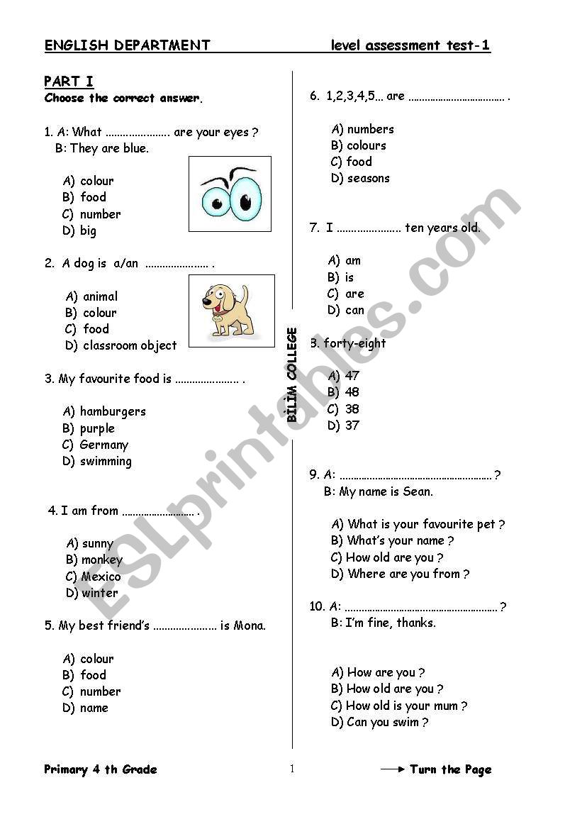 TESTS for 4th grade worksheet