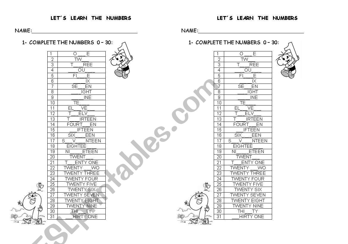 NUMBERS 0 - 30 worksheet