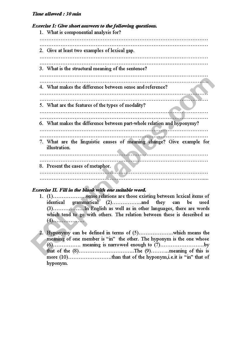 semantics worksheet