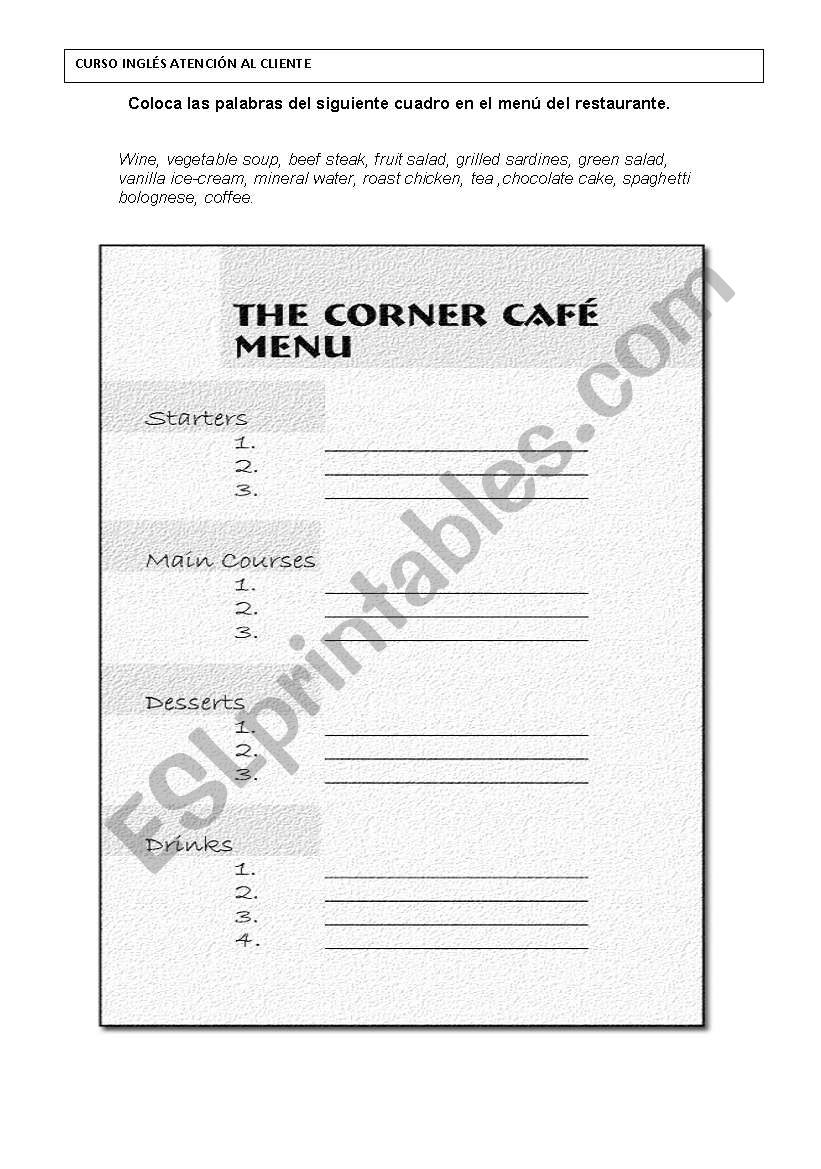 menu worksheet