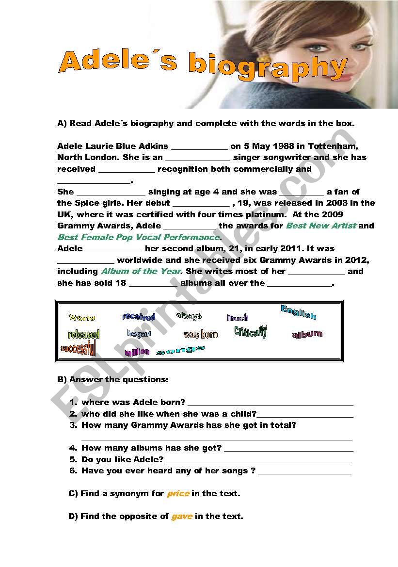 Adeles biography worksheet