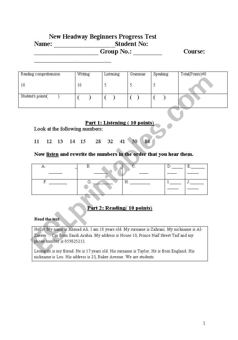 Progress Test worksheet