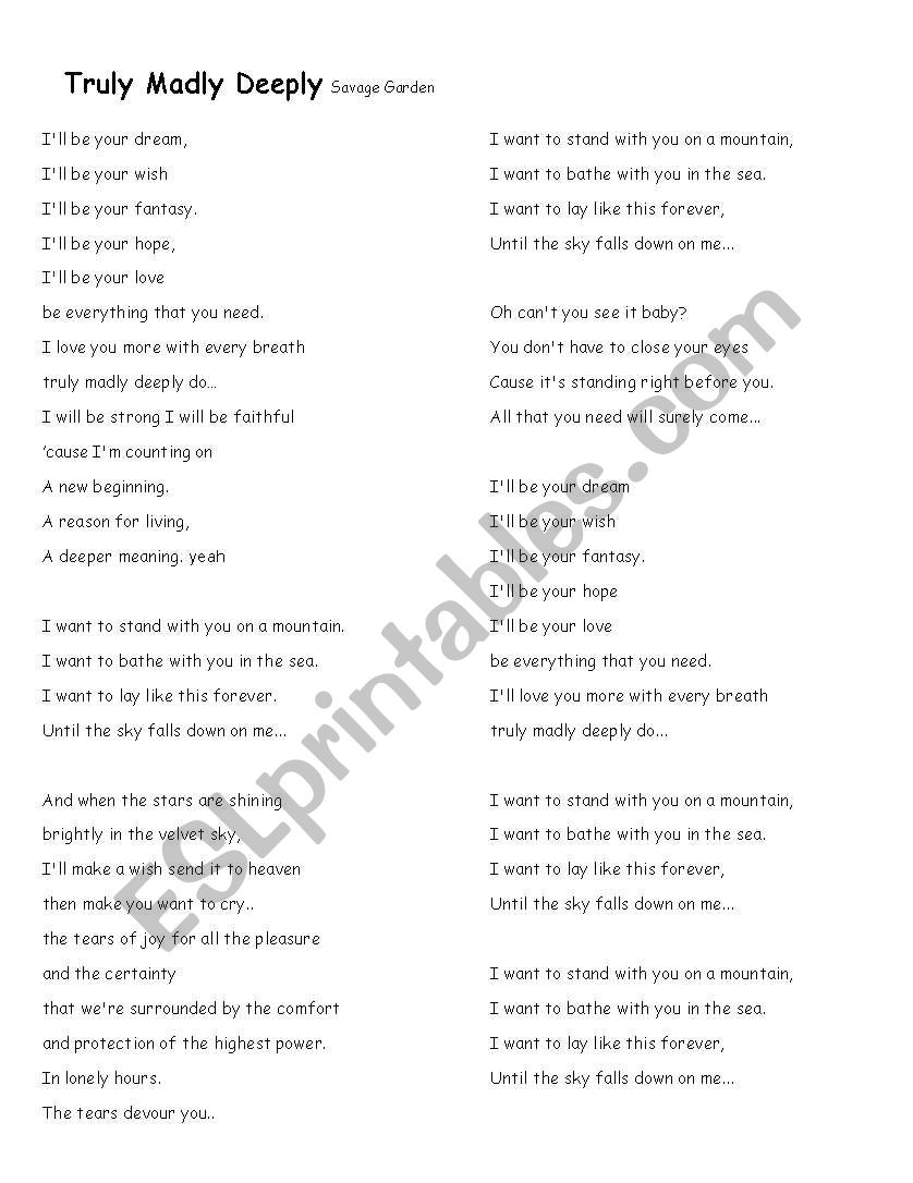 Truly Madly Deeply worksheet