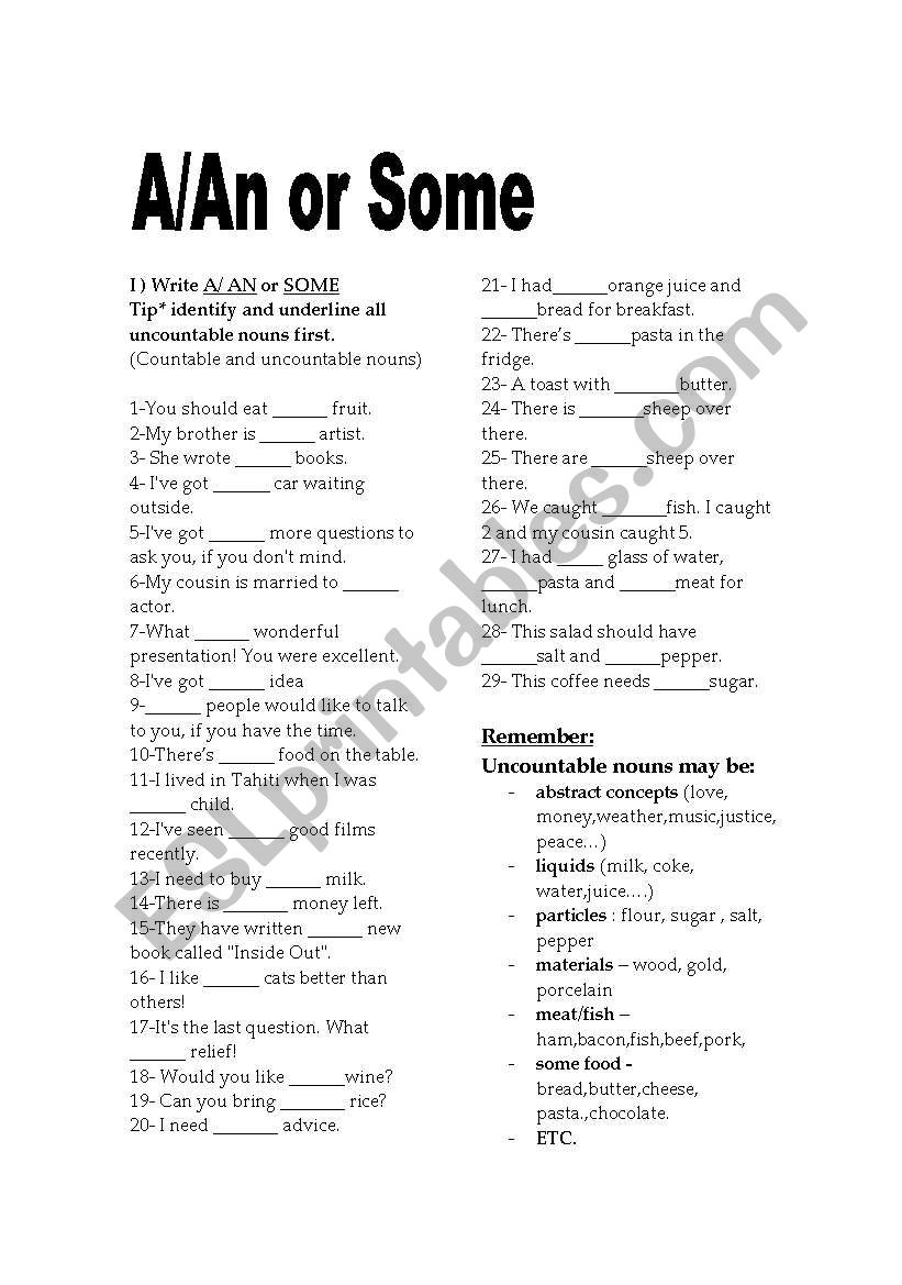 A/AN or Some ? worksheet