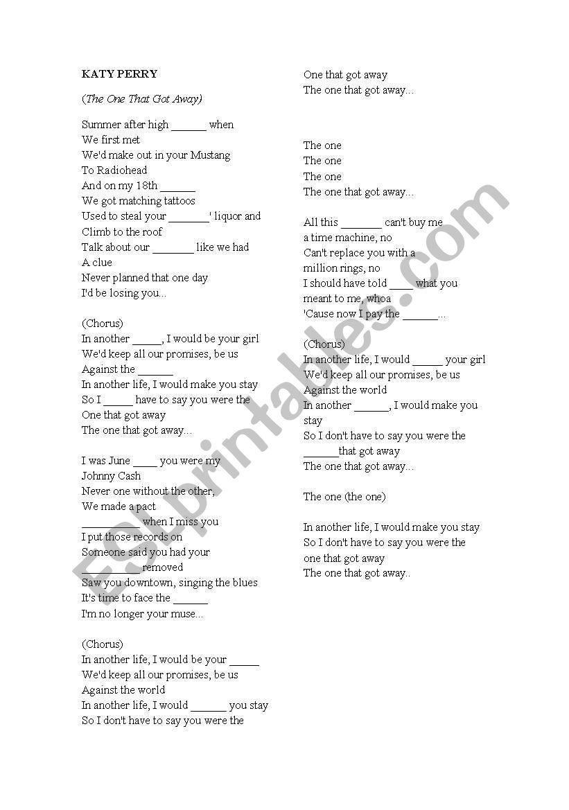 Music Printable (Katy Perry -The one that got away)
