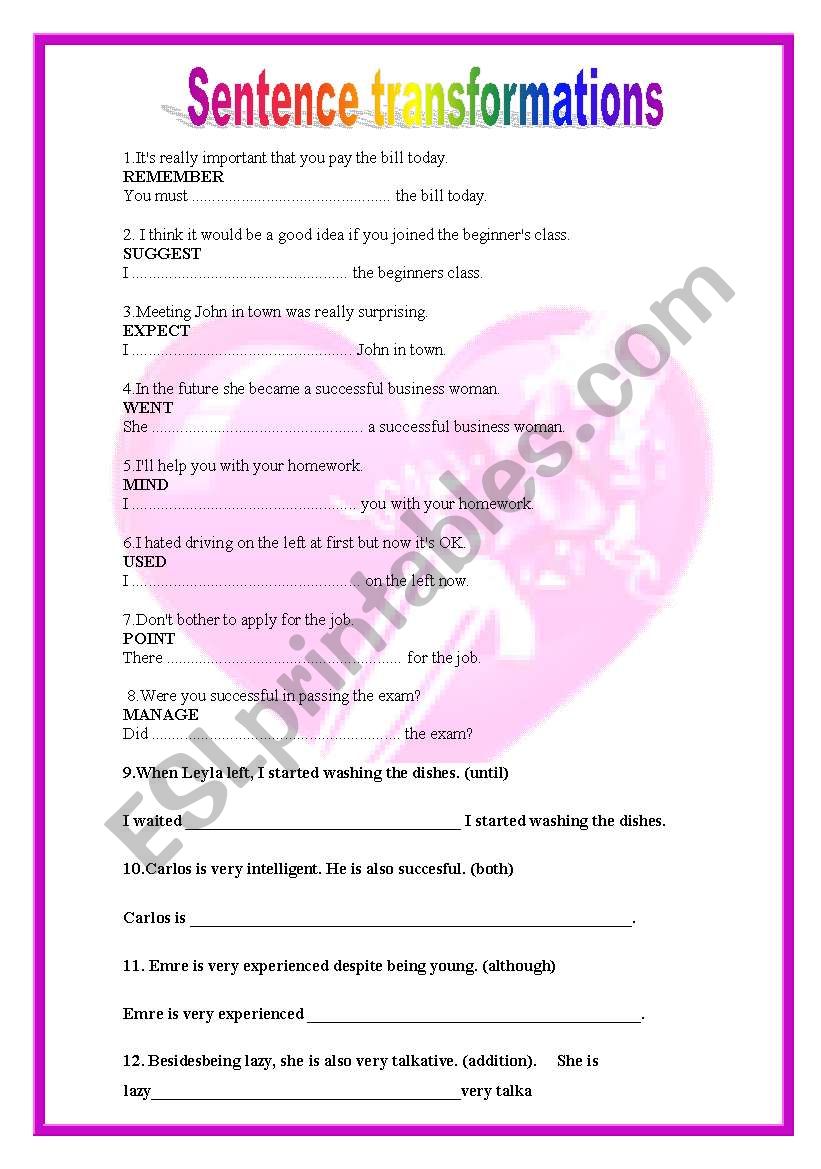 Sentence transformations worksheet