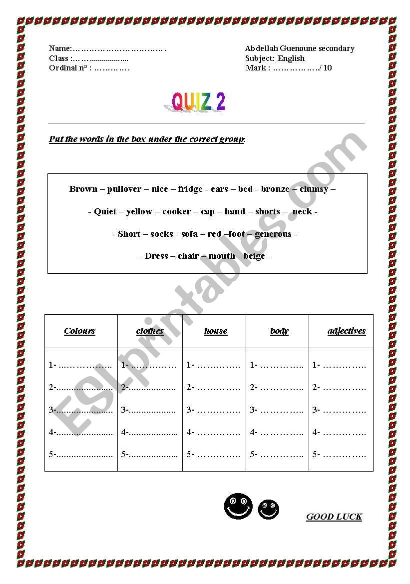 quiz worksheet
