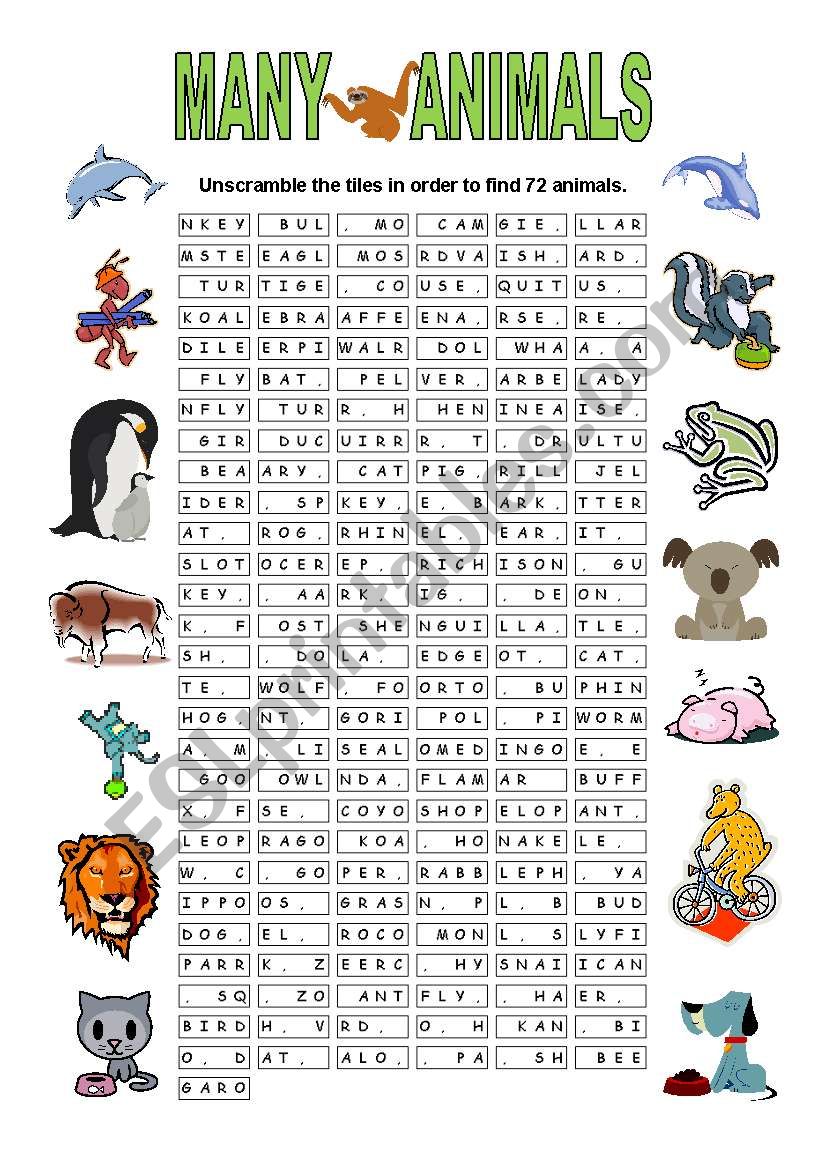 72 animals (+short key) worksheet
