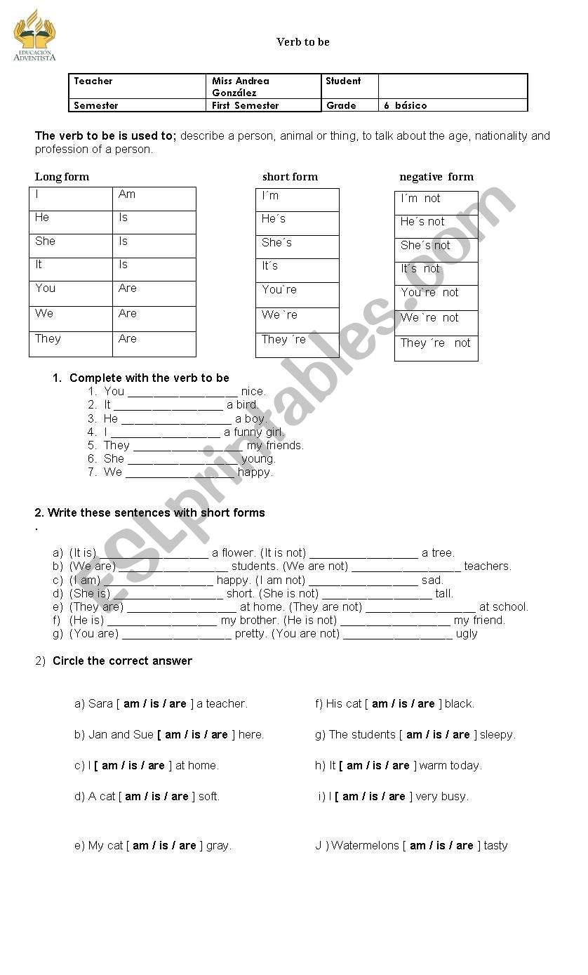 verb to be worksheet