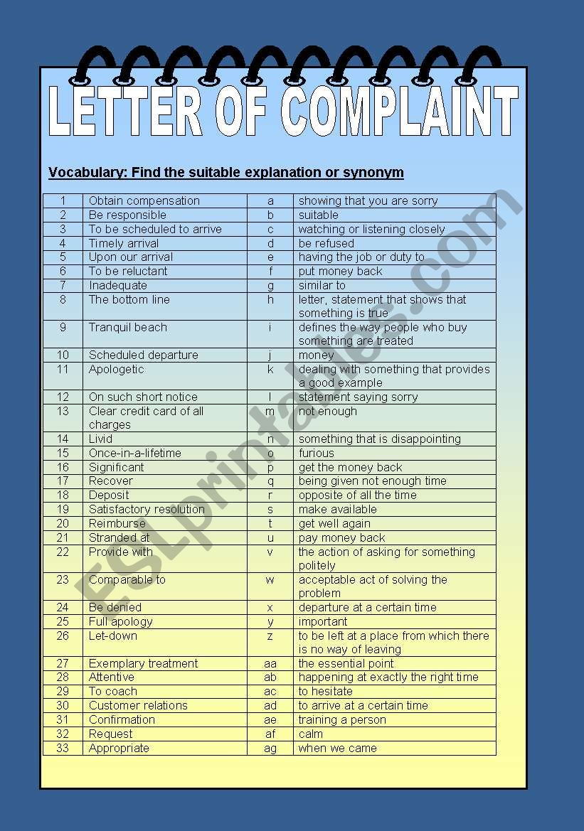 letter of complaint - phrases worksheet