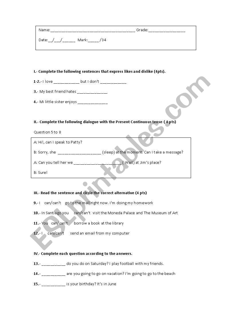 8th grade quiz worksheet