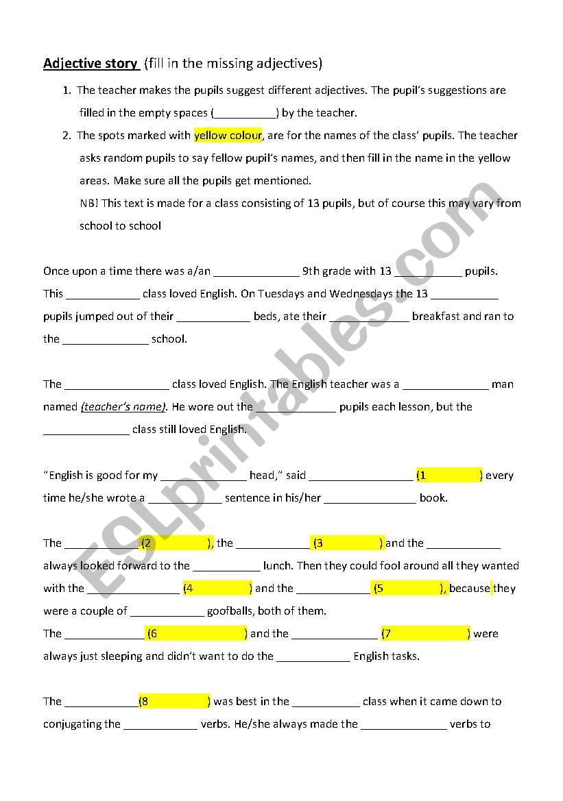 Adjective story worksheet