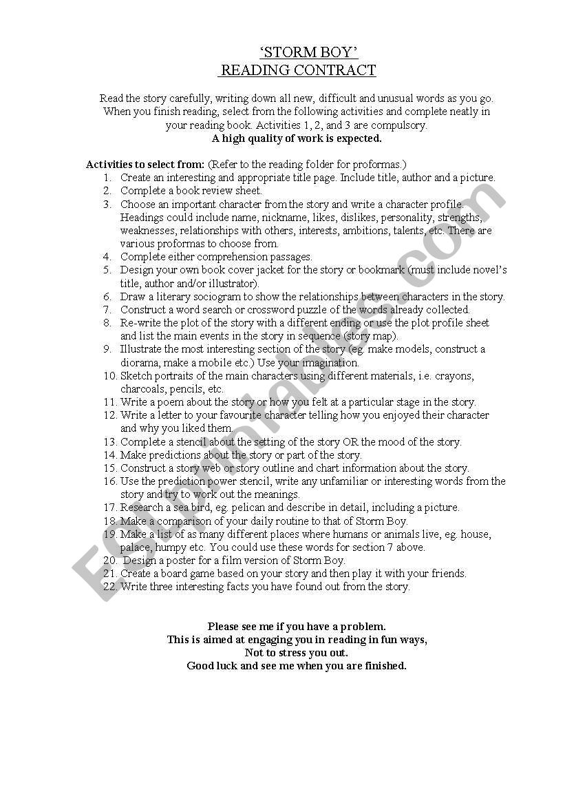 Storm Boy Reading Contract worksheet