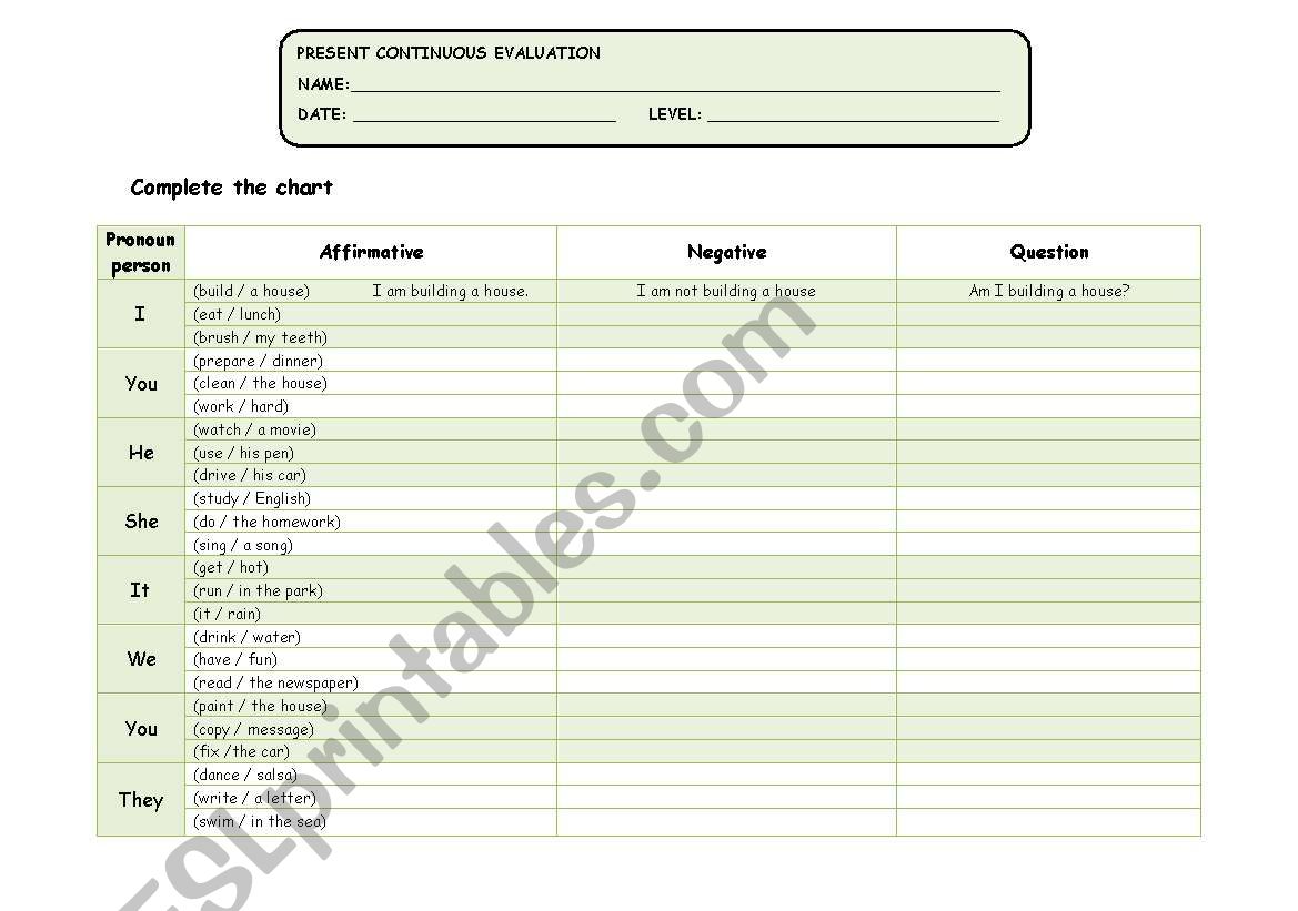 Present Continuous Test worksheet