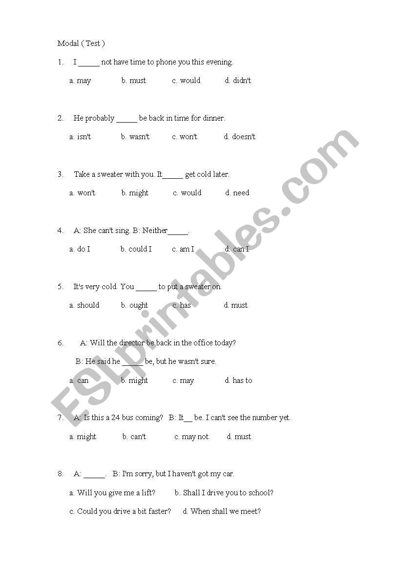 Modal ( Test ) worksheet