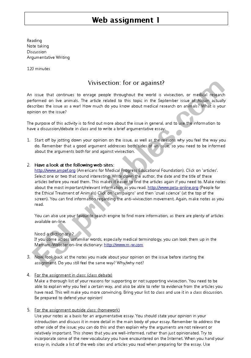 VIVSECTION Web assignment worksheet