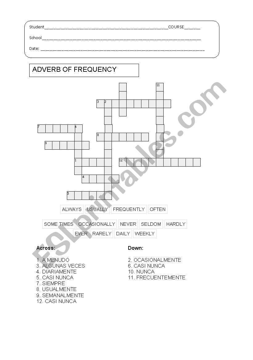 FREQUENCY CROSSWORD PUZZLE worksheet