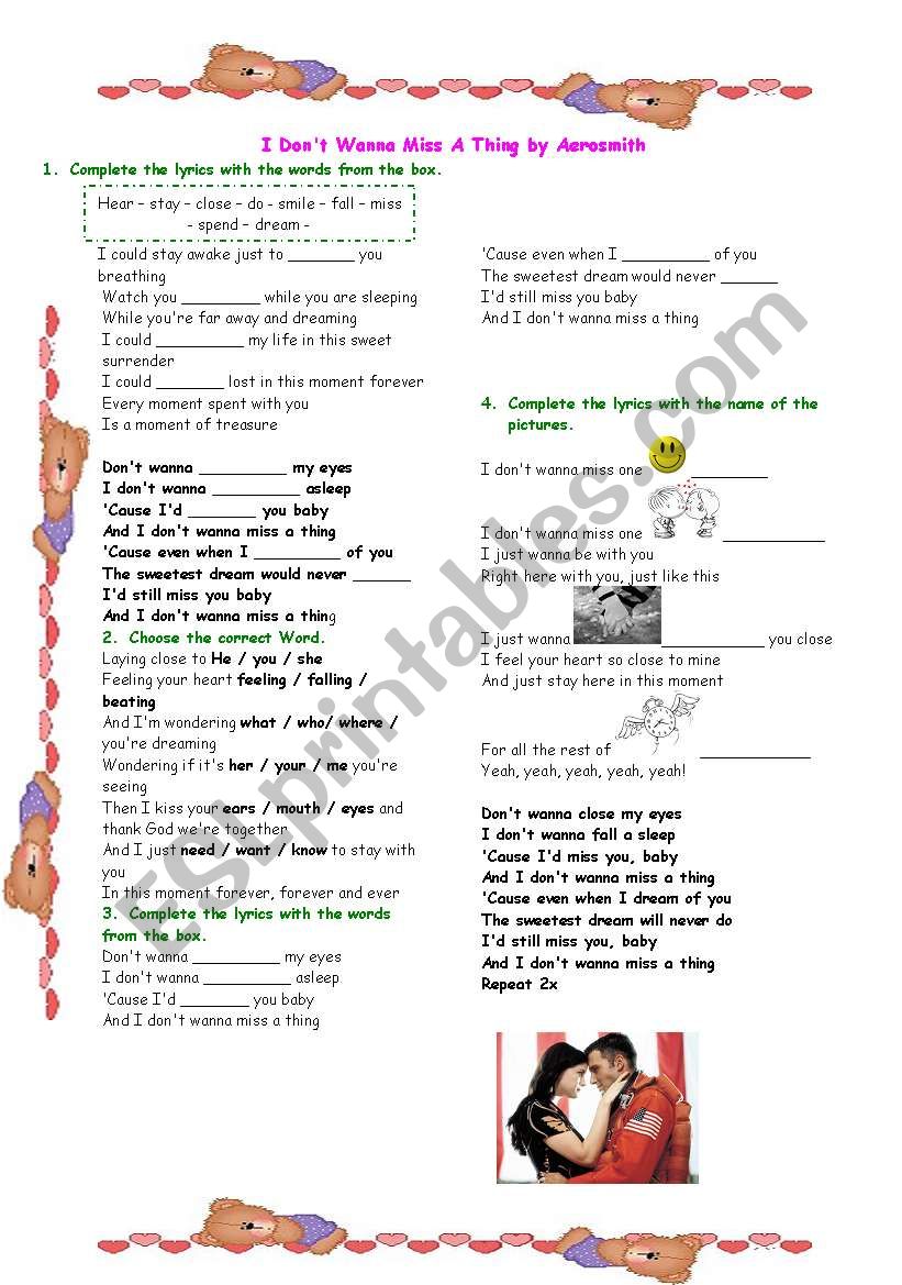 I donÂ´t wanna miss a thing worksheet