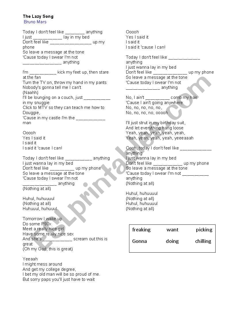 The Lazy song-Bruno Mars worksheet