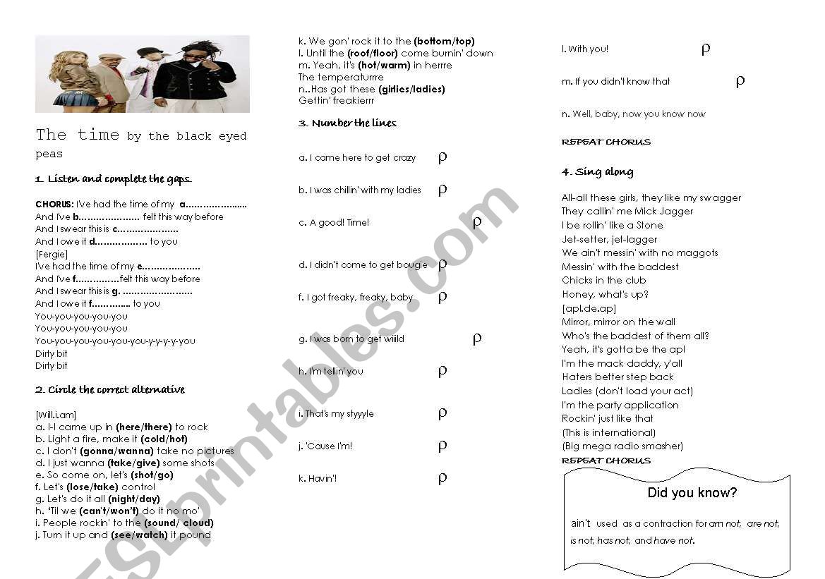 The Time SONG worksheet