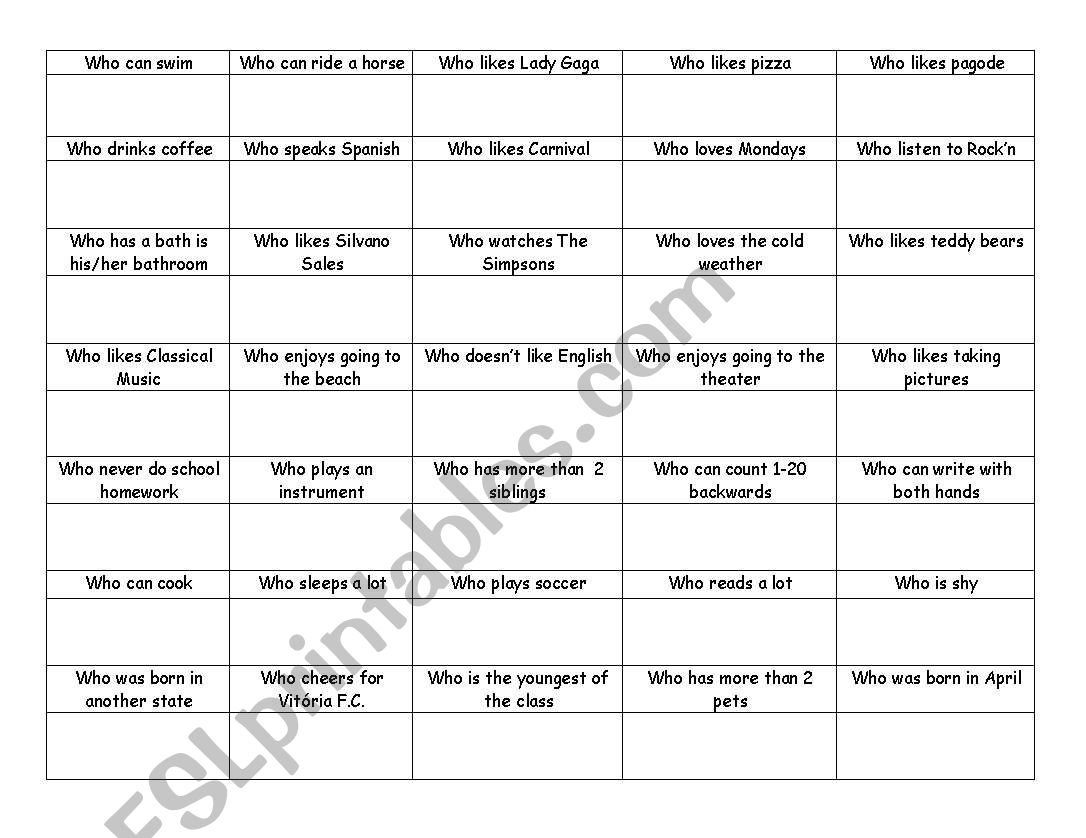 Game - Find Who worksheet