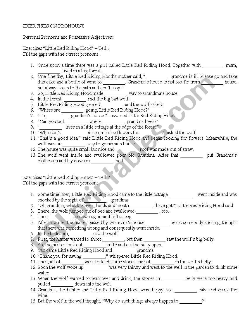 Exercises on pronouns worksheet