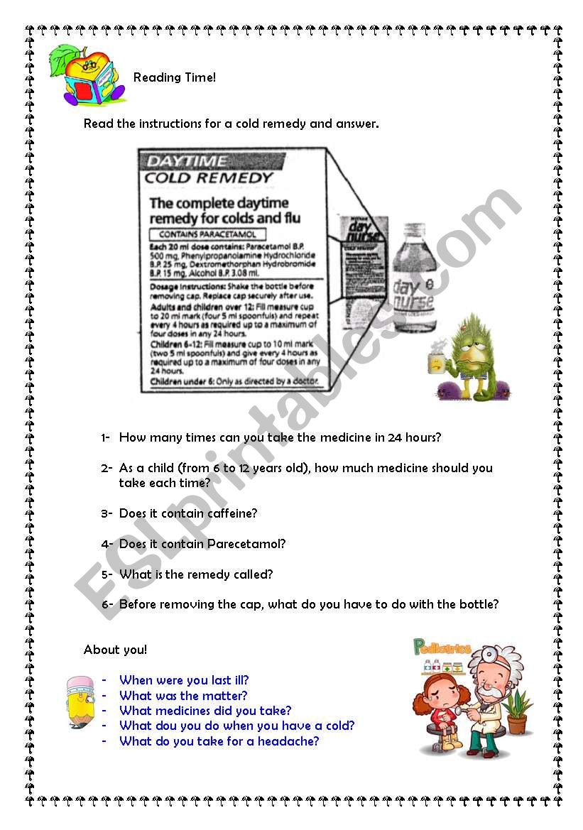 Reading Time! Cold Remedy worksheet