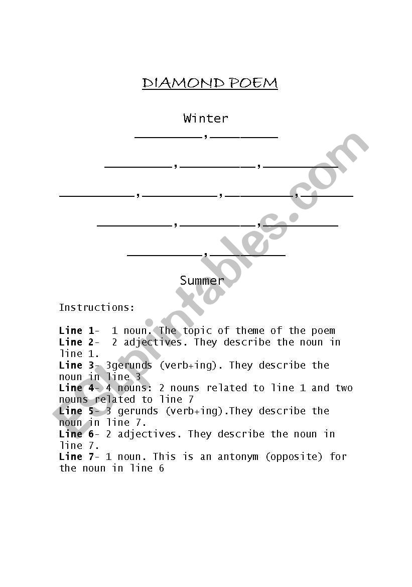 DIAMOND POEM worksheet