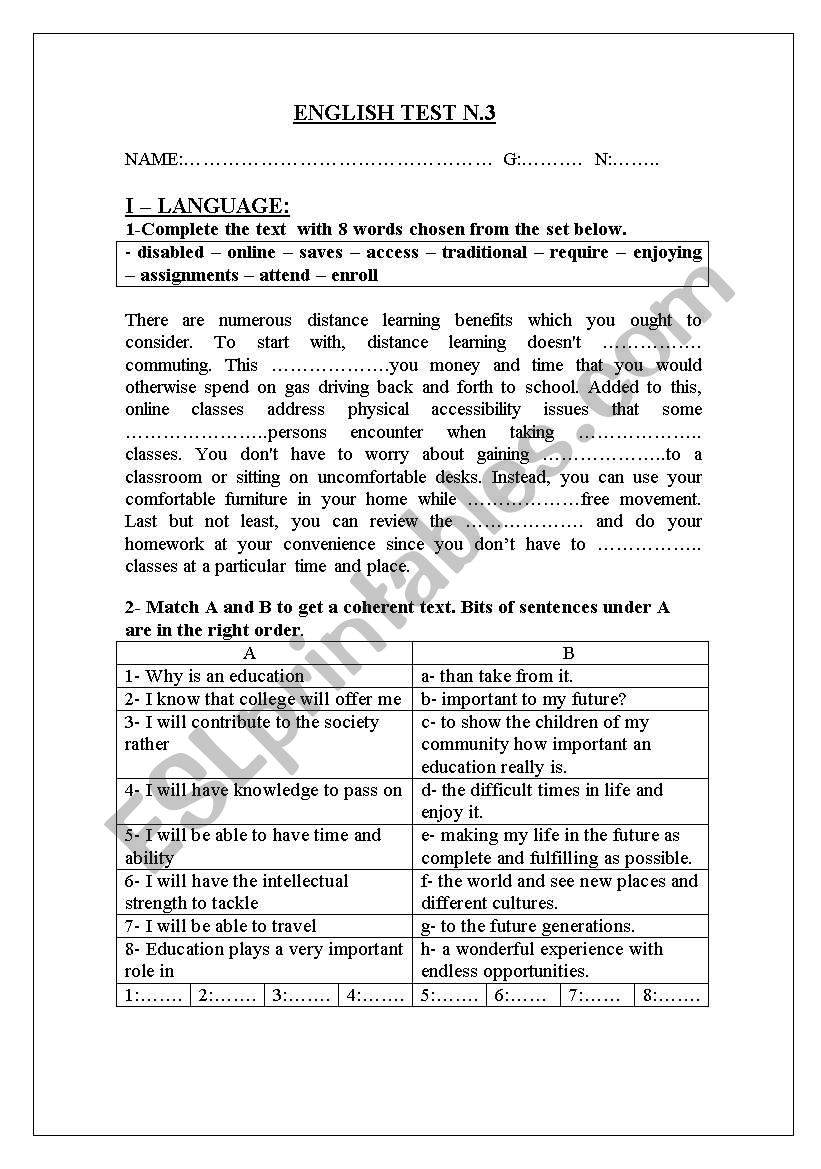 3rd form mid-term test 3 worksheet